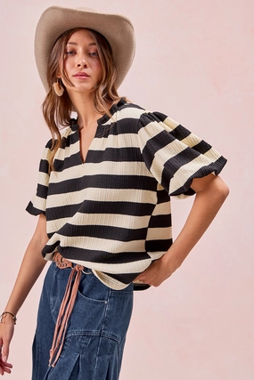 Warmth Without Bulk IT3435G-06P | STRIPES SHORT BALLOON SLEEVES RUFFLED V-NECK TOP
