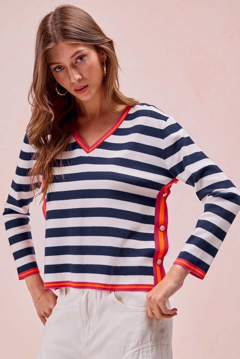IT4248-01 | STRIPE KNIT WITH CONTRAST BANDED SIDE BUTTON TOP Fall Outfit
