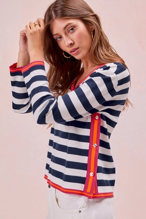 Comfy Fit Minimal Aesthetic IT4248-01 | STRIPE KNIT WITH CONTRAST BANDED SIDE BUTTON TOP