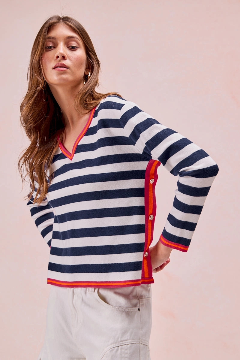 IT4248-01 | STRIPE KNIT WITH CONTRAST BANDED SIDE BUTTON TOP Flexible Layer Fit