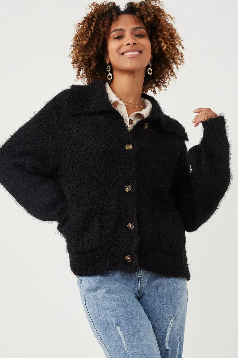 Fuzzy Popcorn Knit Button Up Collared Sweater Cardigan Cool Climate