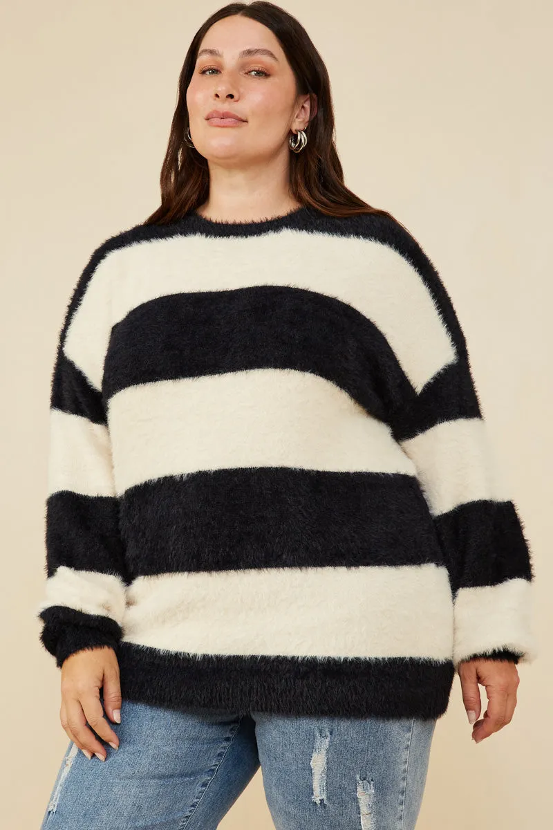 Wind Resistant Fuzzy Striped Pullover Sweater