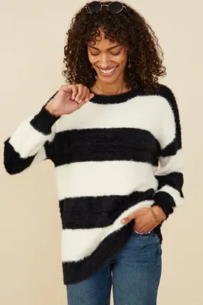 Fuzzy Striped Pullover Sweater Minimalist Style Sustainable Material