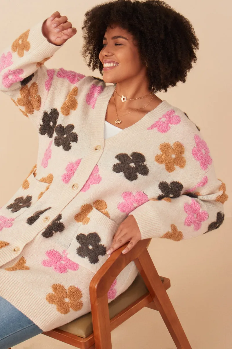 All Ground Modern Layers Fuzzy Textured Floral Relaxed Sweater Cardigan