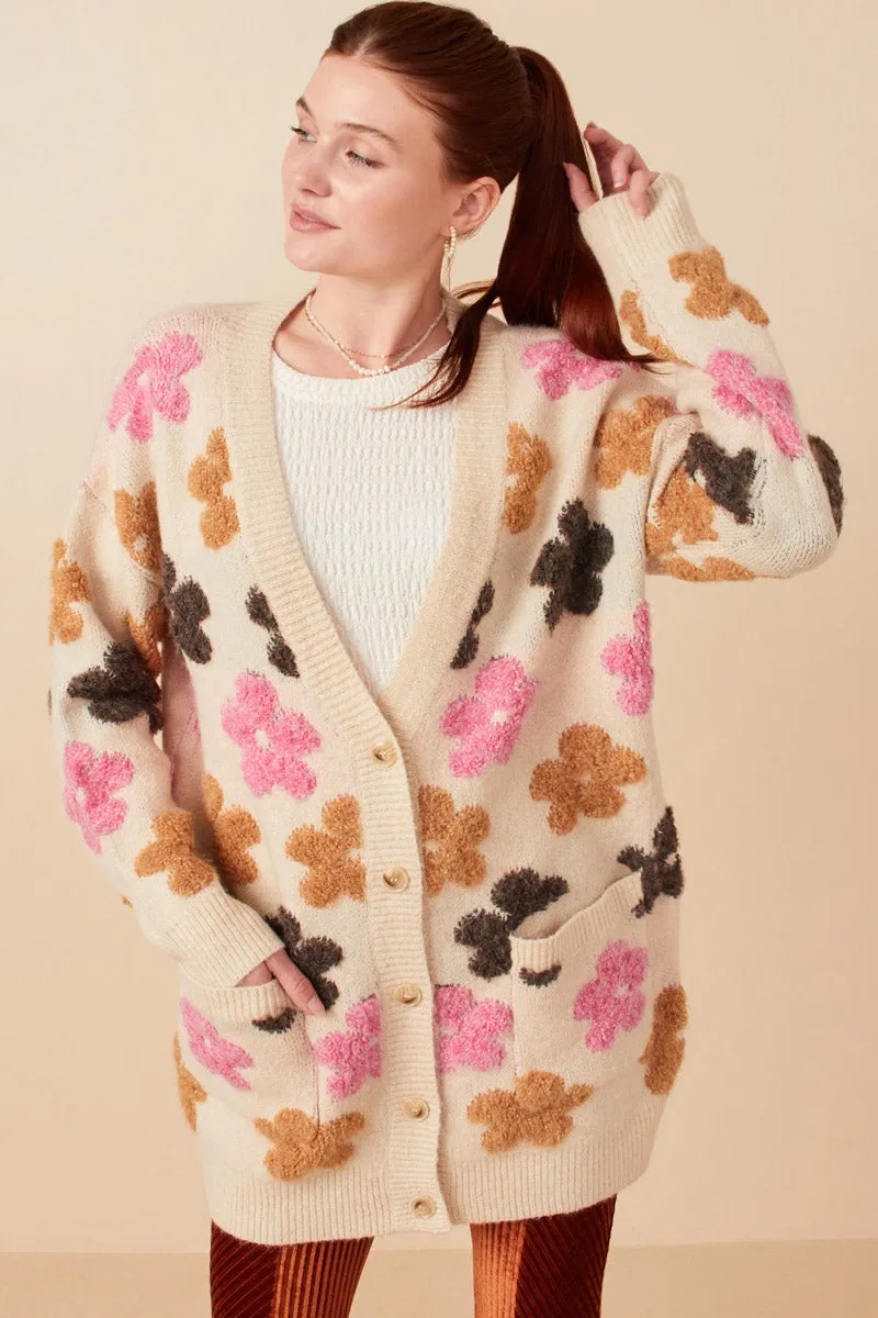 Button Closure Fuzzy Textured Floral Relaxed Sweater Cardigan