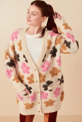 Fuzzy Textured Floral Relaxed Sweater Cardigan Weather Smart Look