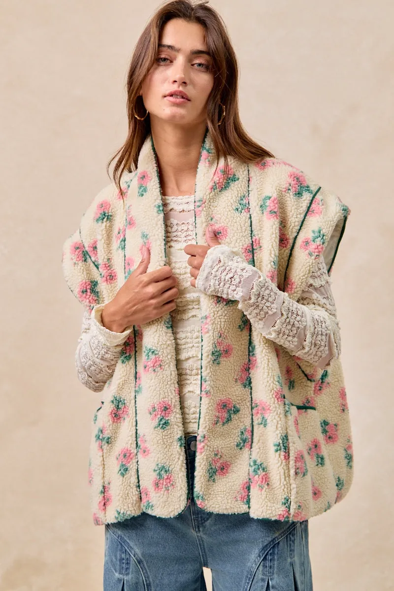 Soft Touch Fabric IT3481G-08 | FLORAL PRINT DROP SHOULDER FLEECE VEST WITH POCKETS