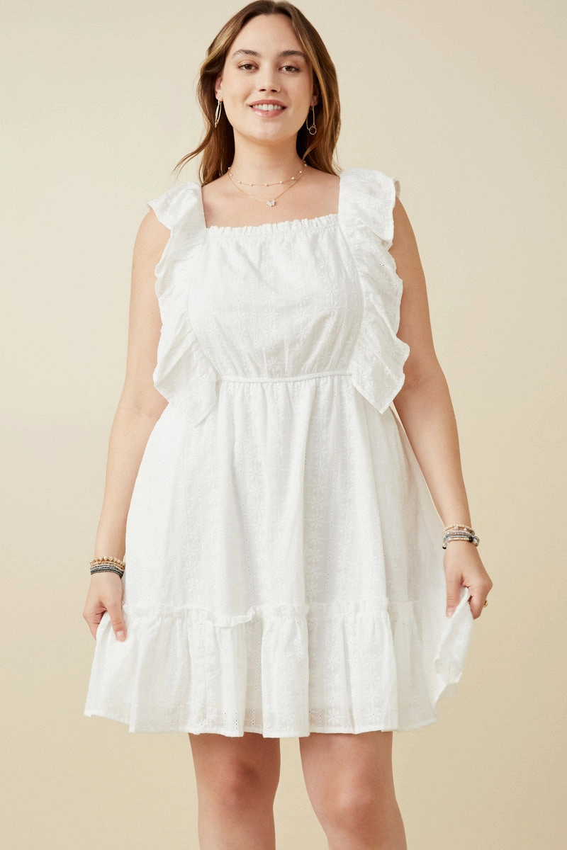 Embroidered Square Neck Ruffled Smock Back Tank Dress Tall Girl