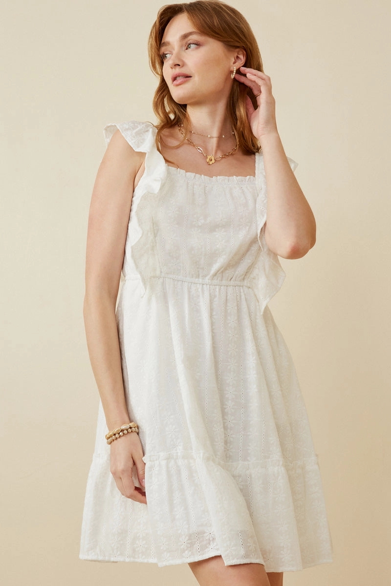 Wide Hemline Embroidered Square Neck Ruffled Smock Back Tank Dress