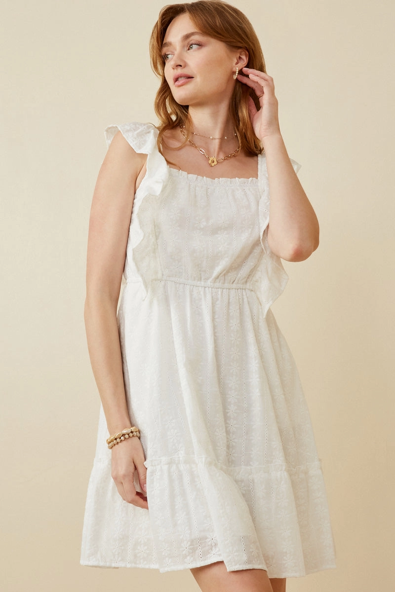 Color Glow Embroidered Square Neck Ruffled Smock Back Tank Dress