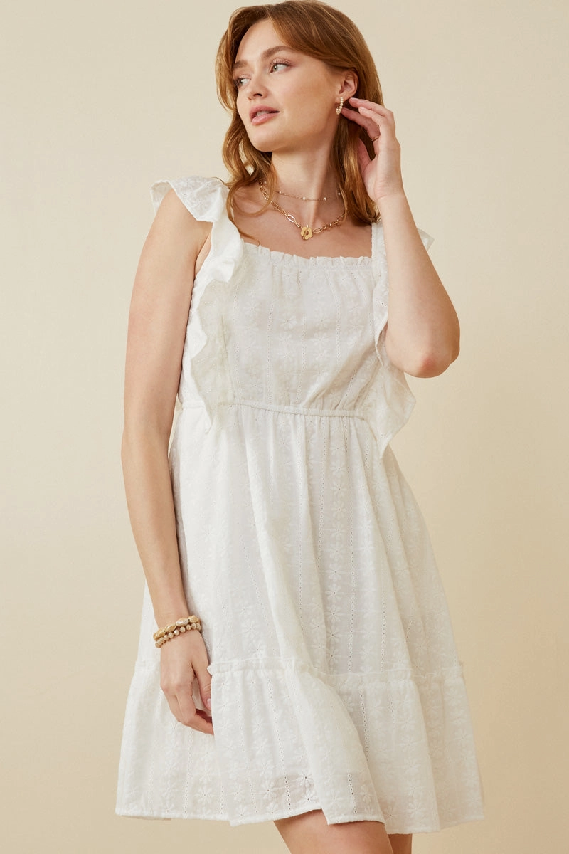 Daily Comfort Embroidered Square Neck Ruffled Smock Back Tank Dress