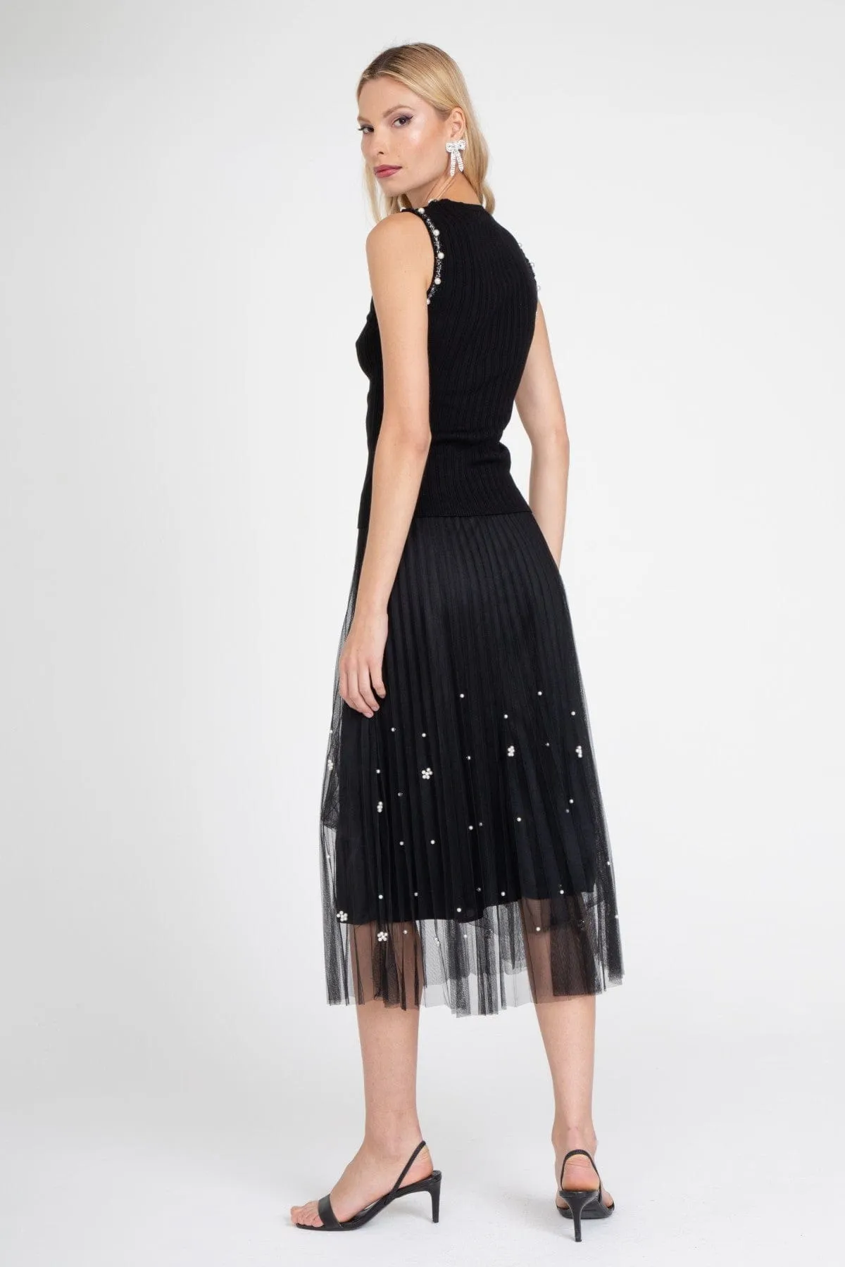 Glossy Finish Black Pearl Pleated Skirt