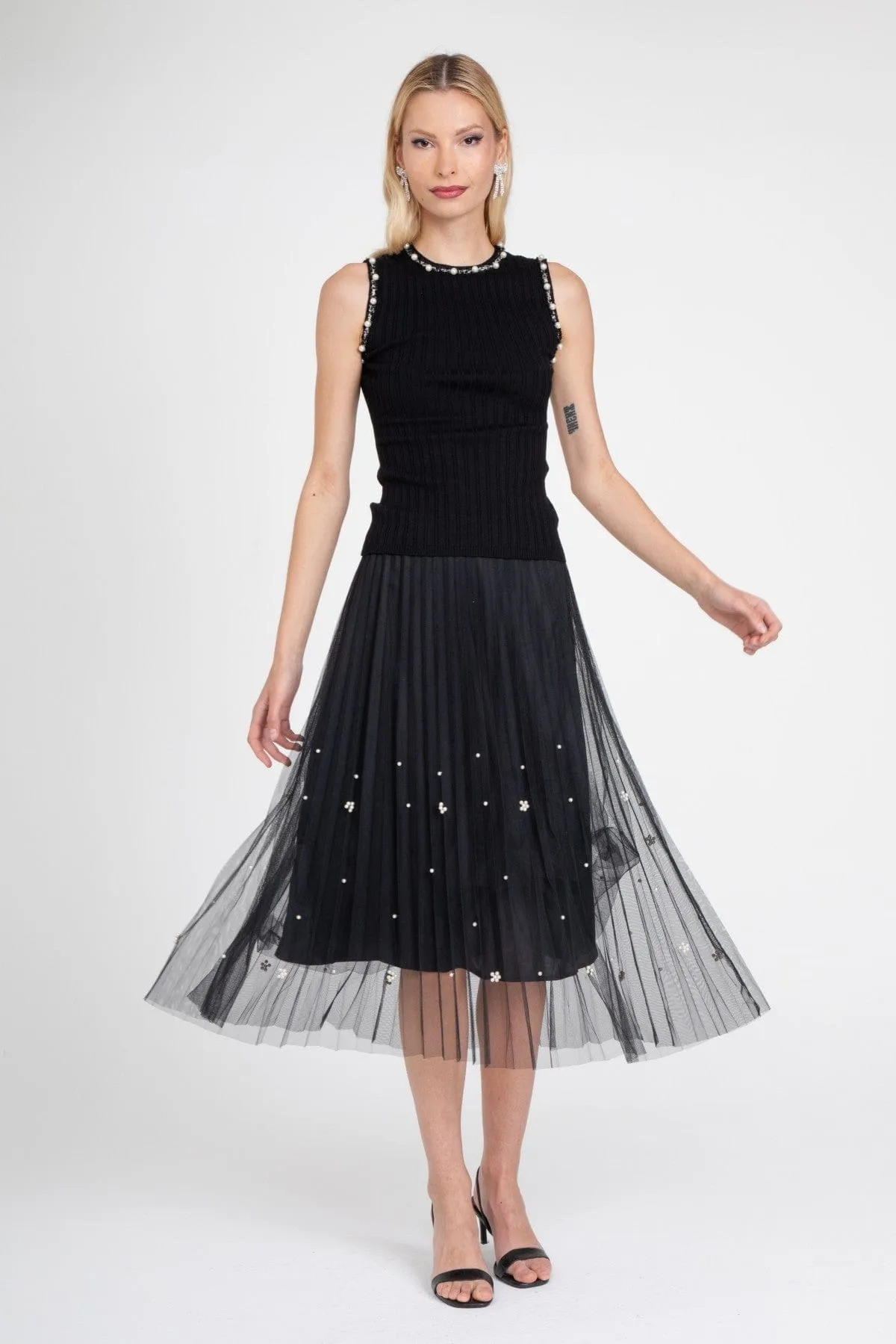 Glossy Finish Black Pearl Pleated Skirt