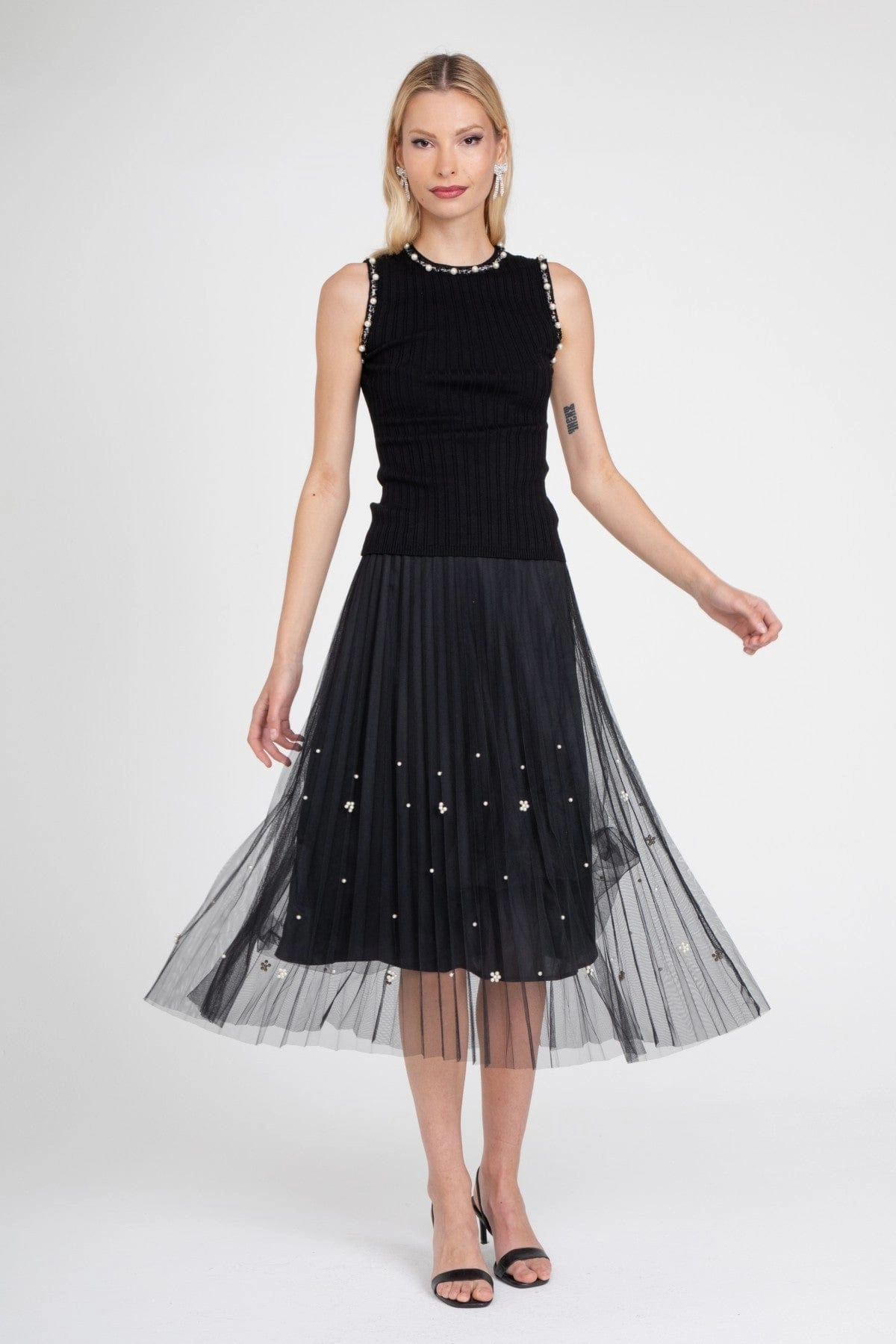 Glossy Finish Black Pearl Pleated Skirt