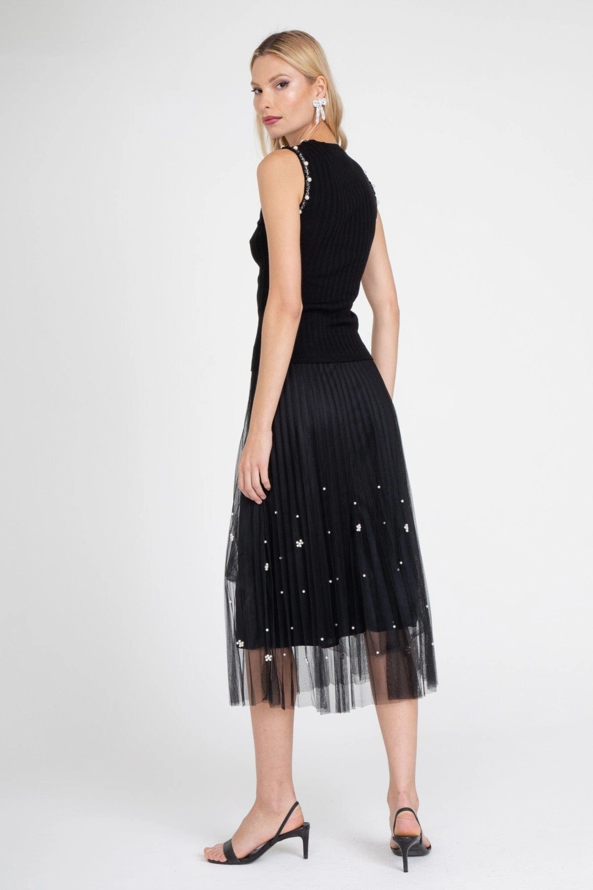 Glossy Finish Black Pearl Pleated Skirt