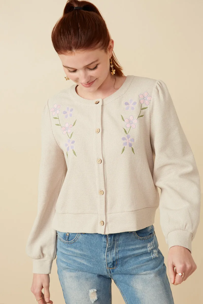 Floral Embroidered Textured Knit Cardigan Holiday Trip Slim Tailored