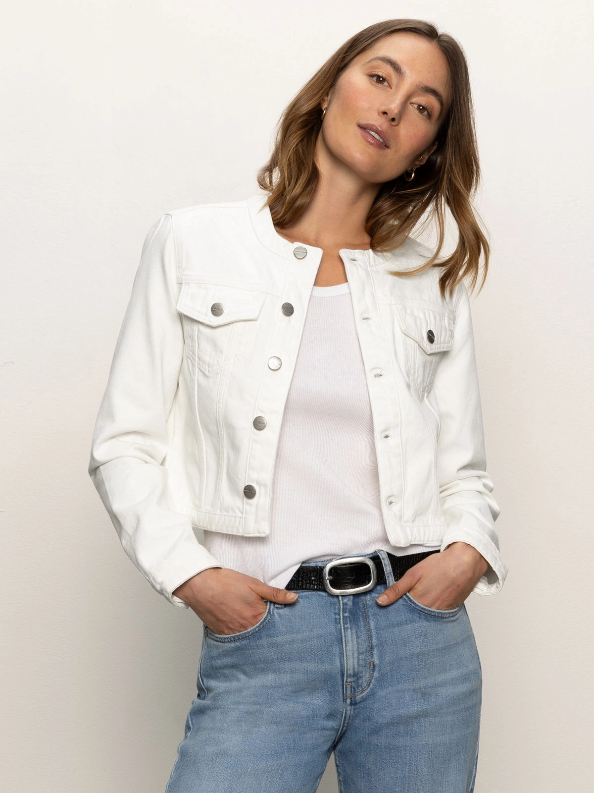 Blended Style Classic Autumn Days Adult Fashion Denim Collarless Lady Jacket White