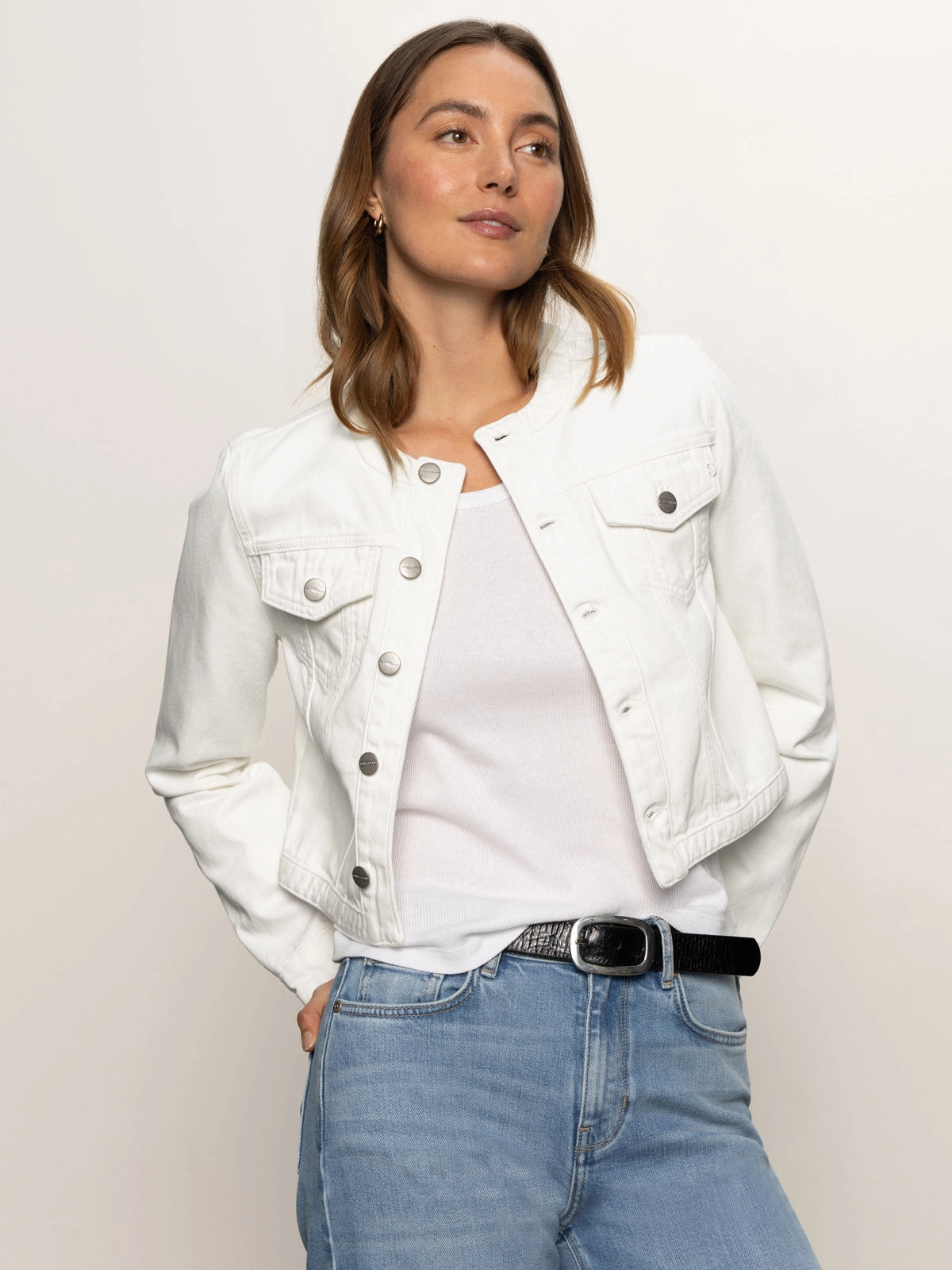 Go Anywhere Style Denim Collarless Lady Jacket White