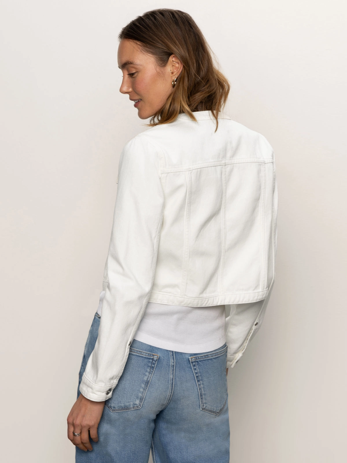 Go Anywhere Style Denim Collarless Lady Jacket White