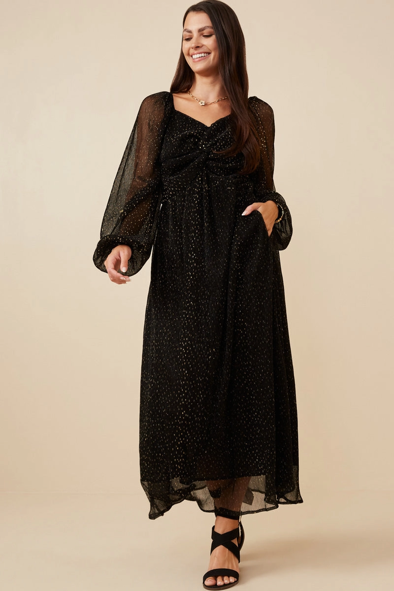 Gold Foiled Crinkle Textured Twist Detail Dress Chill Mode