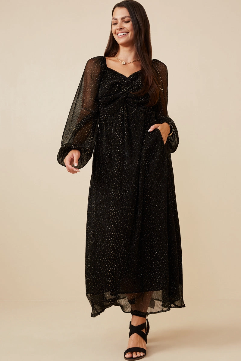 Gold Foiled Crinkle Textured Twist Detail Dress Trend Glow Side Slit