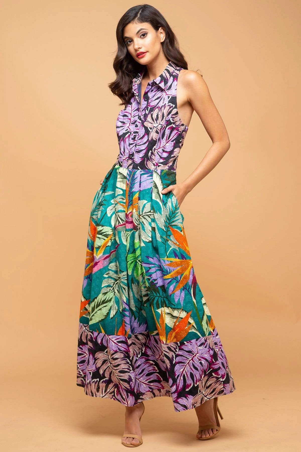 Sabine Dress  - Purple Palm Waist-Cinching Cool Form
