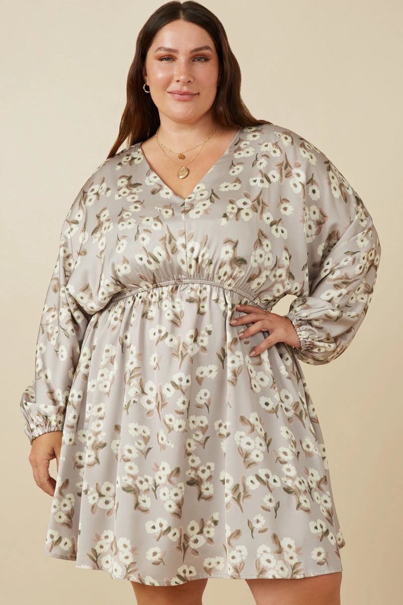 Satin Floral Print V Neck Dolman Sleeve Dress Airy Touch Subtle Flex