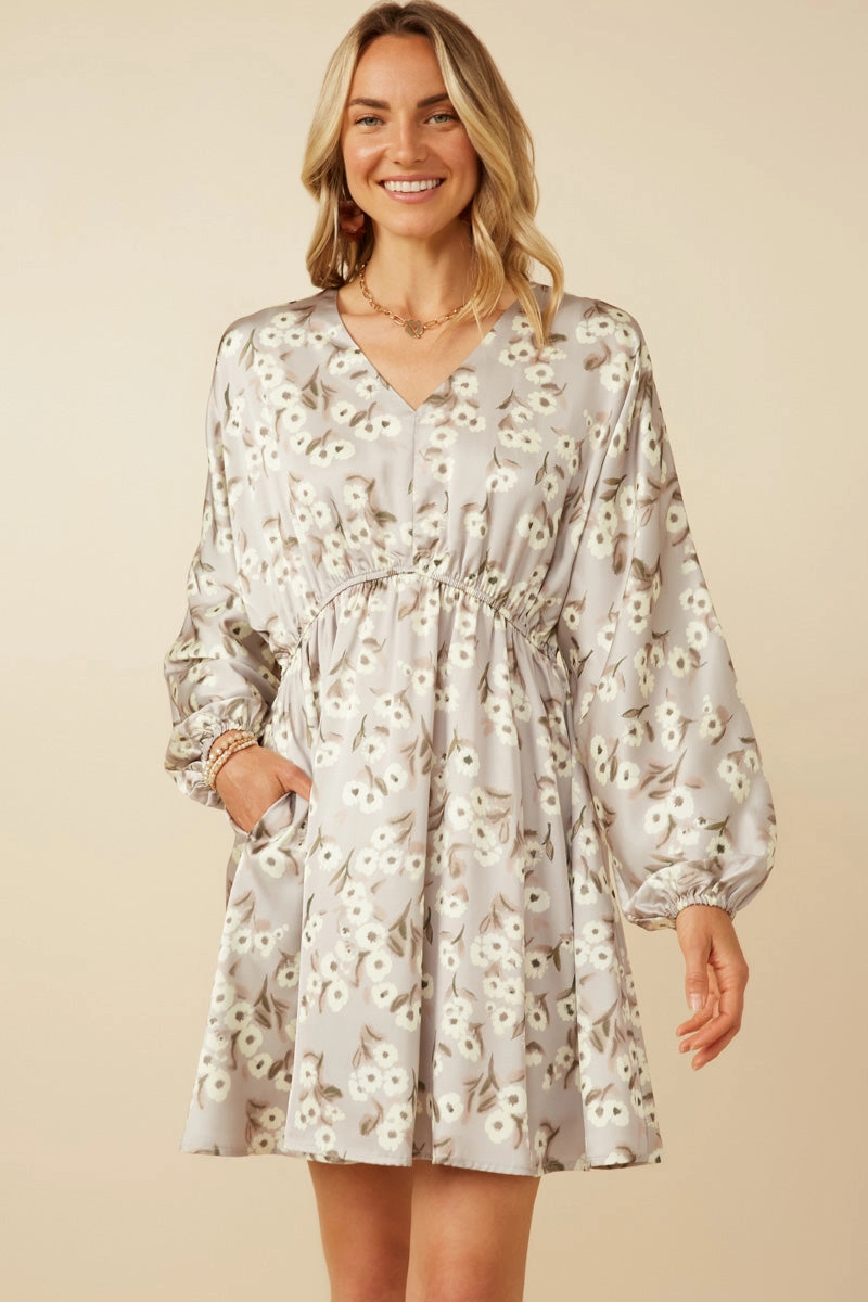 Satin Floral Print V Neck Dolman Sleeve Dress Gentle Shine Euro Touch