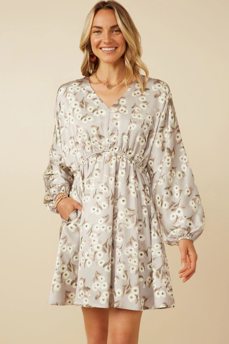 Low Key Daily Confidence Satin Floral Print V Neck Dolman Sleeve Dress