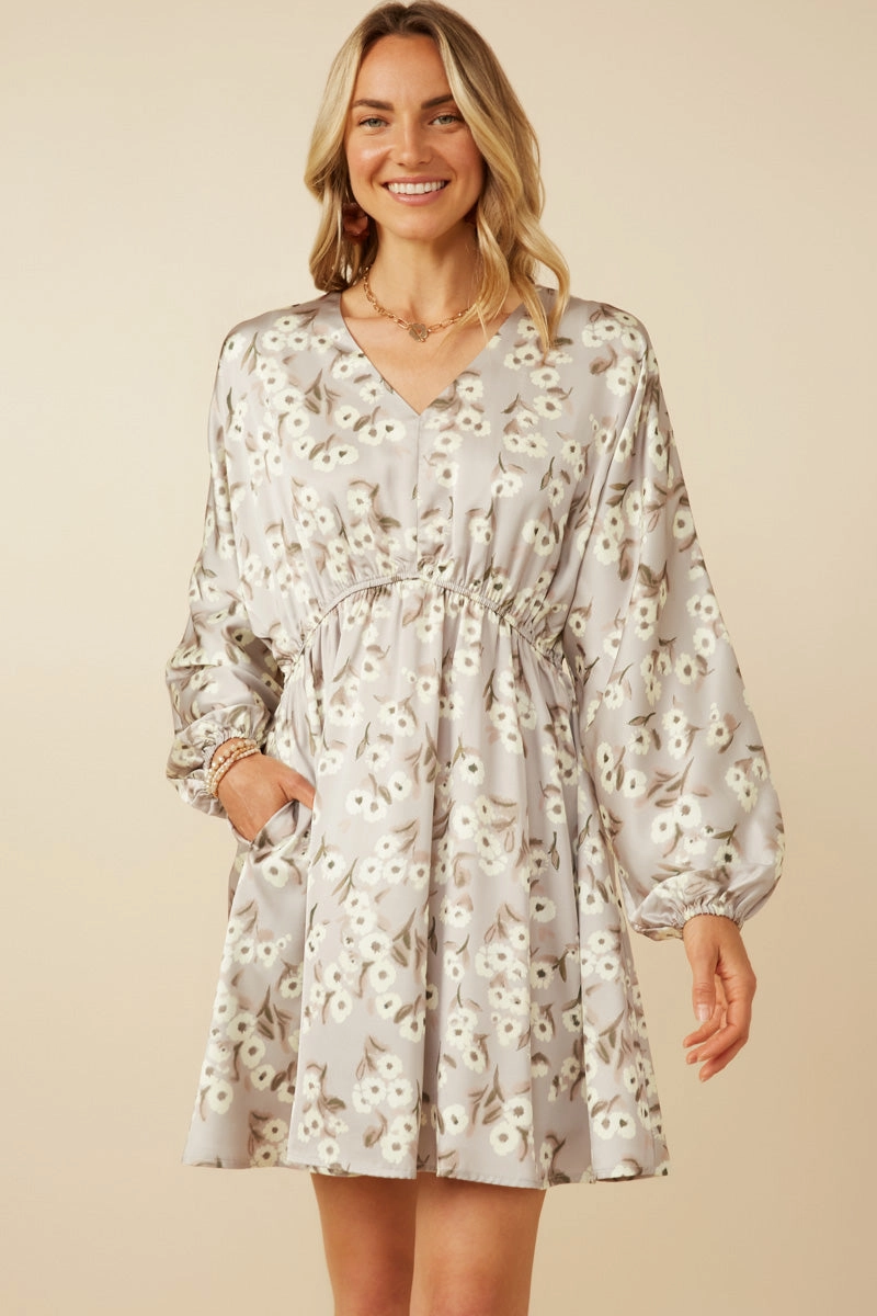 Vibrant Edge Satin Floral Print V Neck Dolman Sleeve Dress