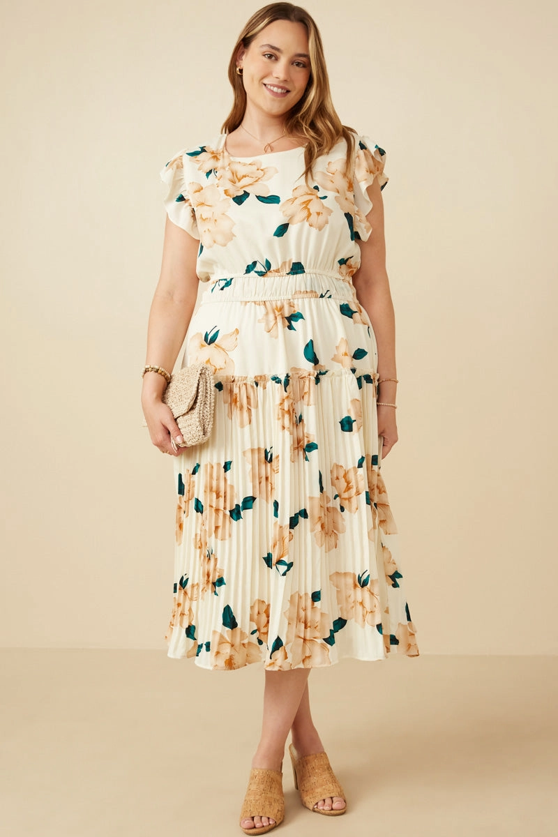 Flexible Comfort Body Flow Large Floral Dropped Pleated Skirt Soft Satin Dress