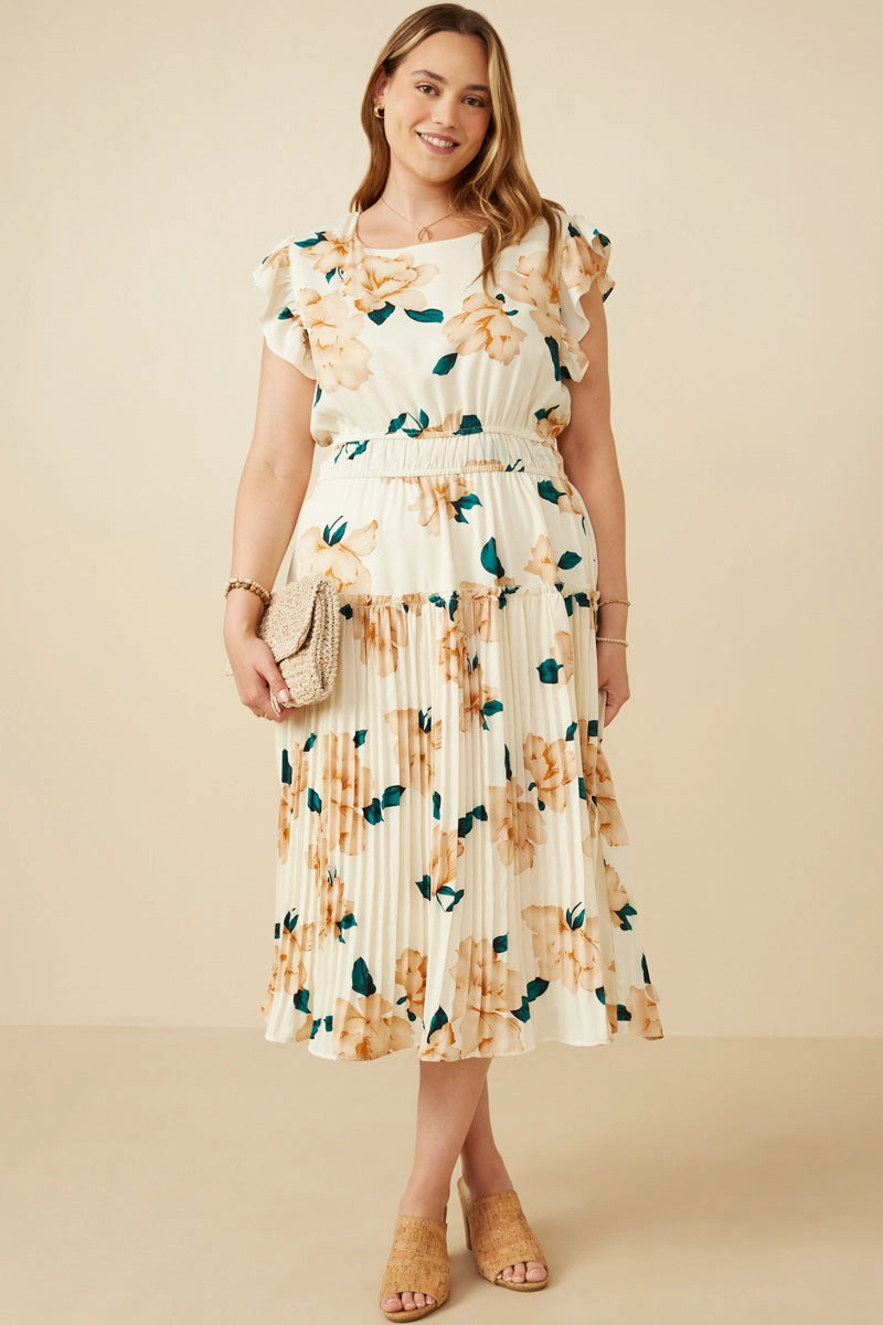 Large Floral Dropped Pleated Skirt Soft Satin Dress Modern Staple Feminine Style