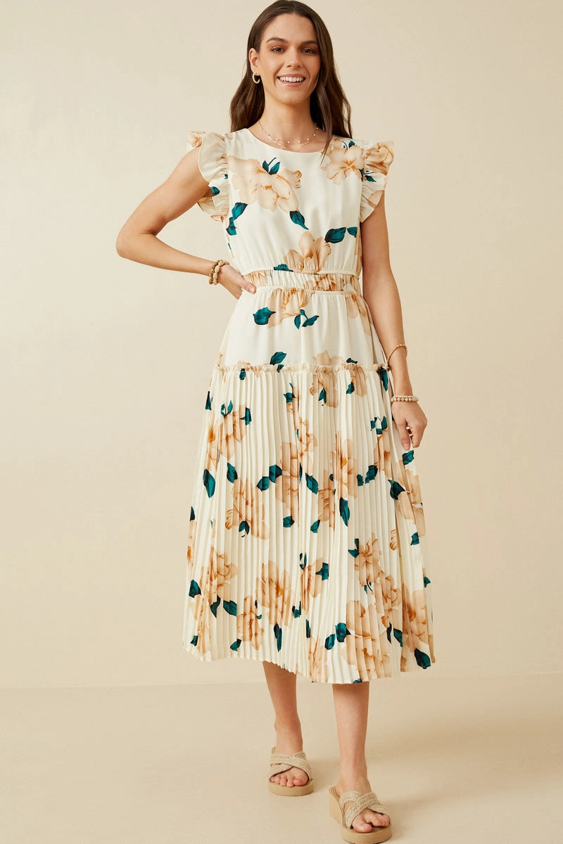 All Season Chic Direction Large Floral Dropped Pleated Skirt Soft Satin Dress
