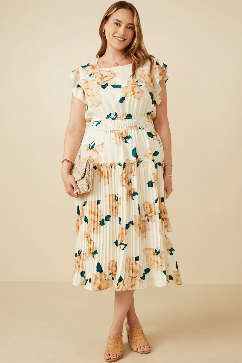 Large Floral Dropped Pleated Skirt Soft Satin Dress Eco Friendly