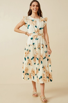 Relax Layers Large Floral Dropped Pleated Skirt Soft Satin Dress