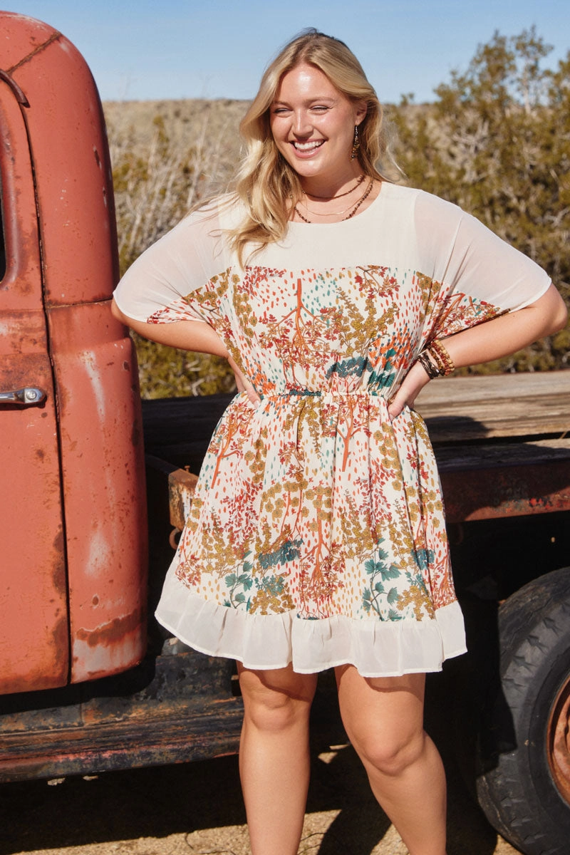 Tulle Flow Women Contrast Tree Print Dolman Sleeve Dress