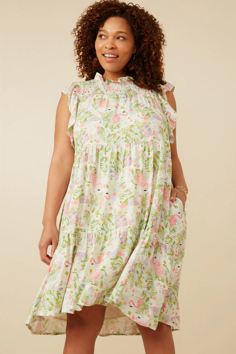 Womens Flamingo Print Smocked Ruffled Dress Party Floral