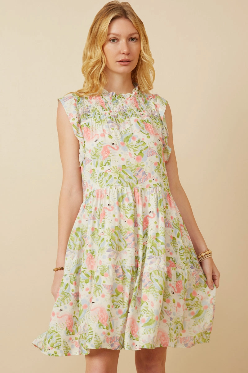 Womens Flamingo Print Smocked Ruffled Dress Flexible Mood