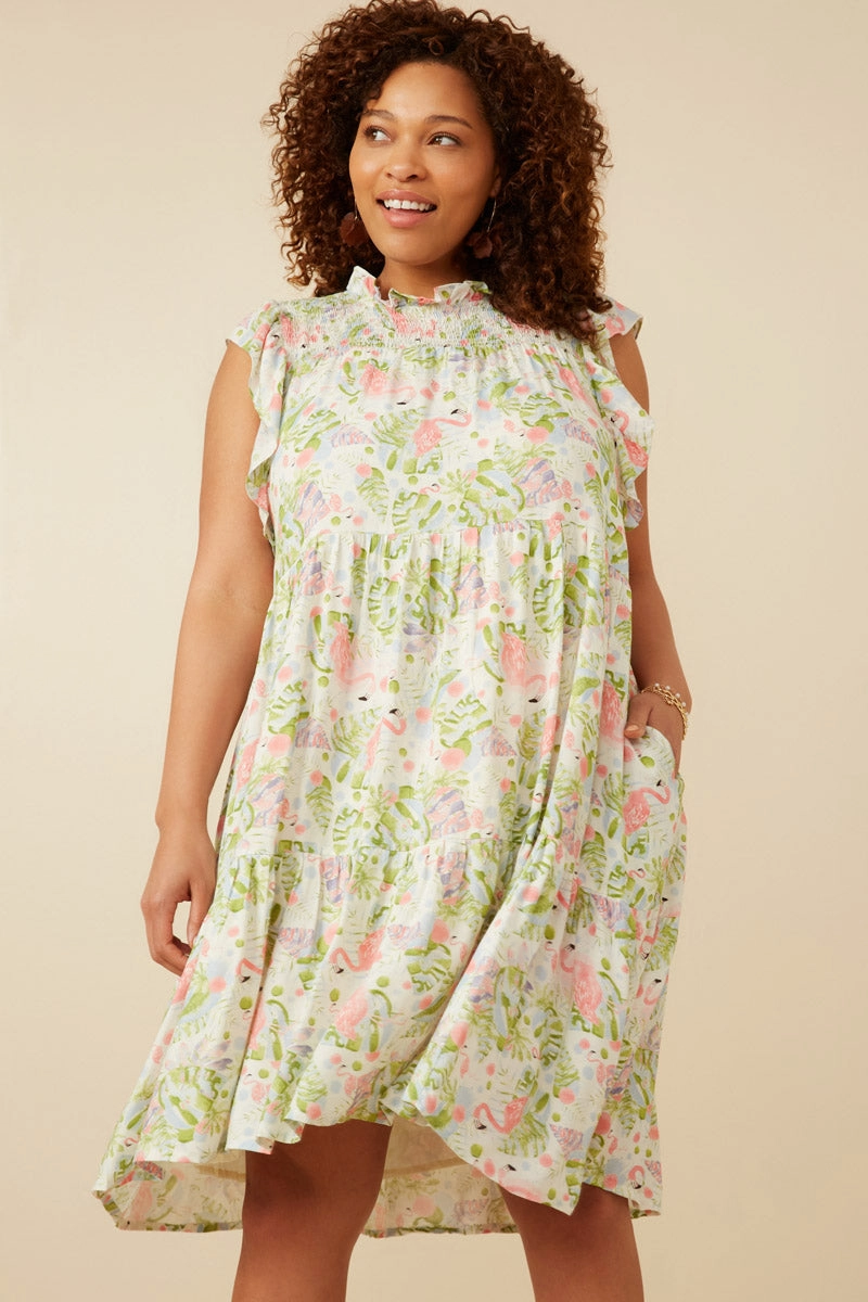 Womens Flamingo Print Smocked Ruffled Dress Soft Detail All Moments