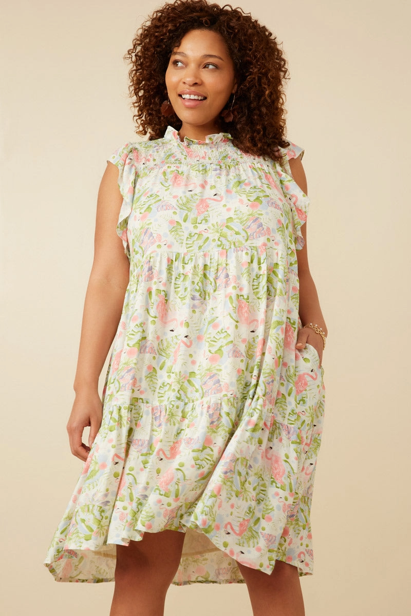 Womens Flamingo Print Smocked Ruffled Dress Collar Accent Tall Girl