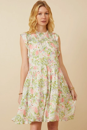 Womens Flamingo Print Smocked Ruffled Dress Collared Perfect Look