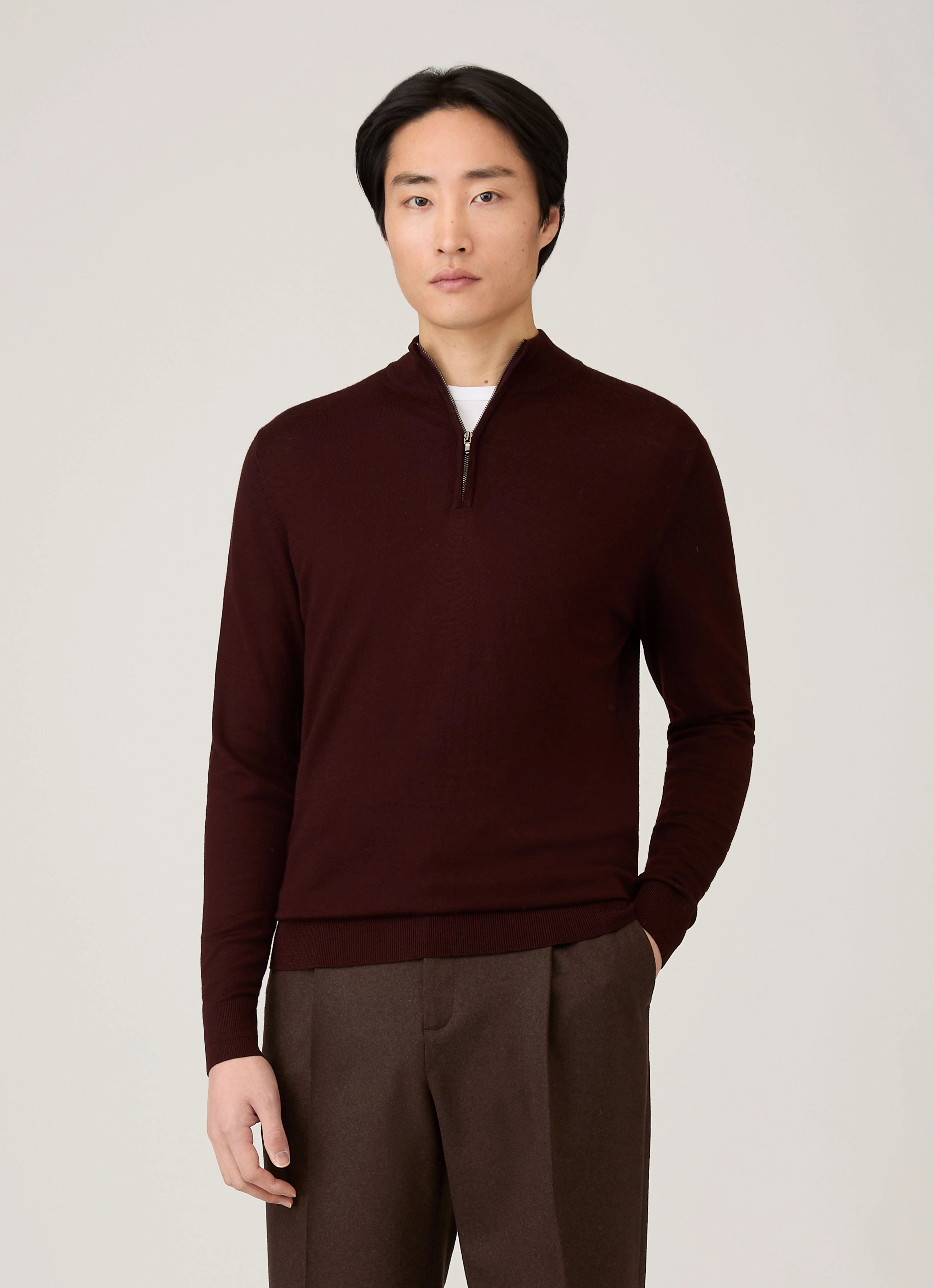 Half-high Neck Men's Extra-Fine Merino Zip Neck in Bakelite