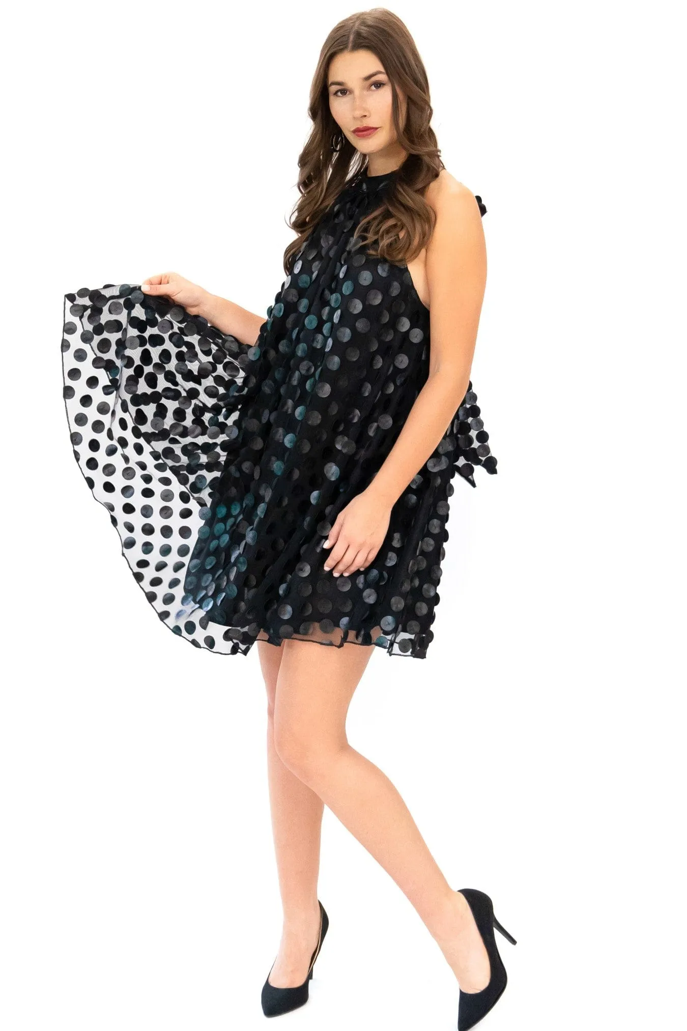 Halter Swing Mini Dress - Black Leather Payette Bright Mood All Occasion