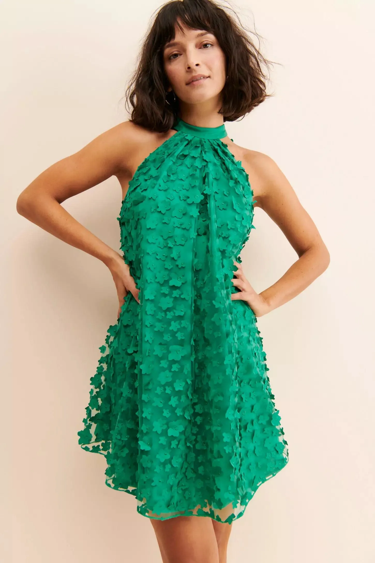 Halter Swing Mini Dress - Seaglass Petal Flared-Hem Work Ready