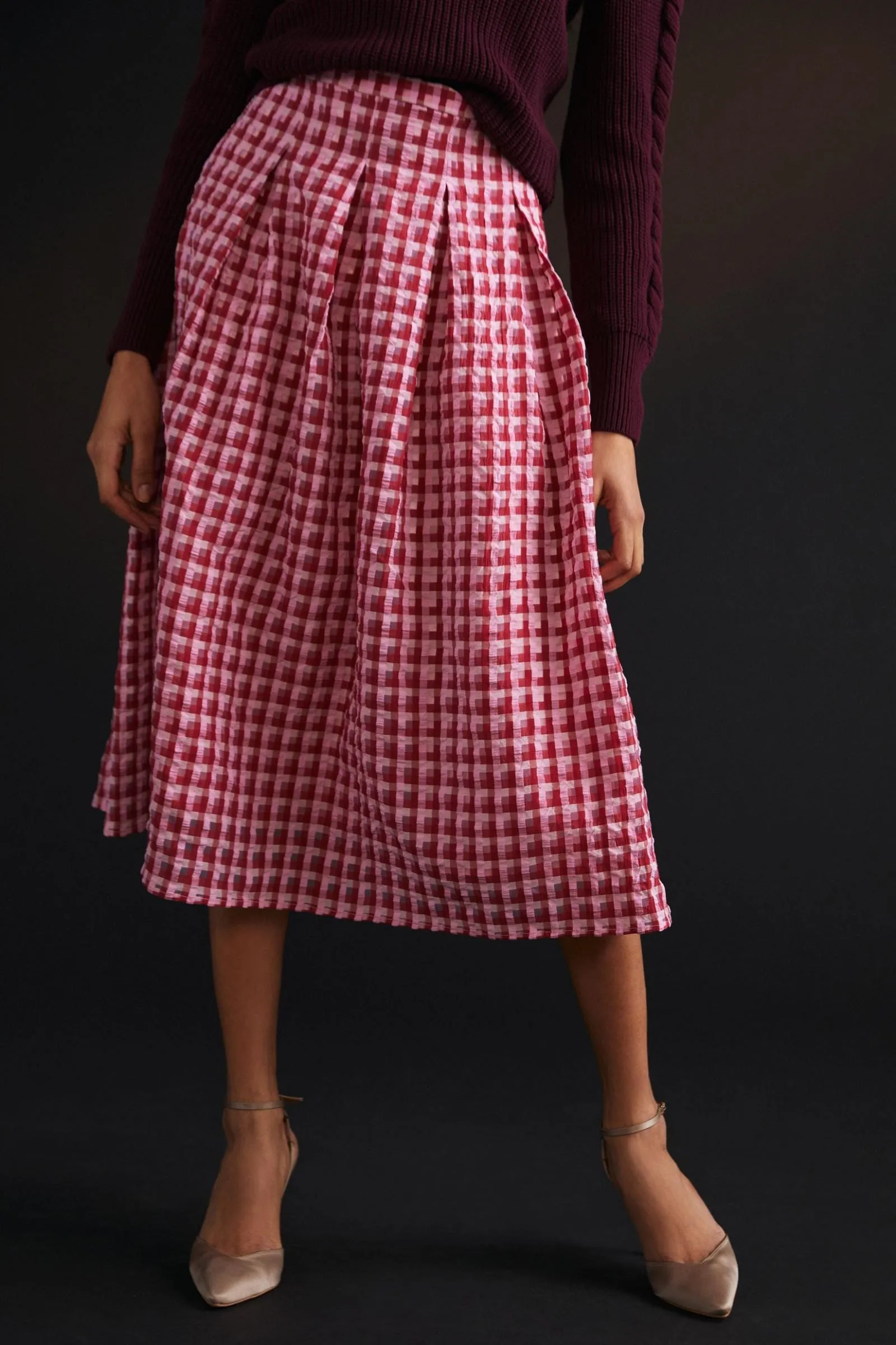 handmade piece Textured Plaid Midi Skirt