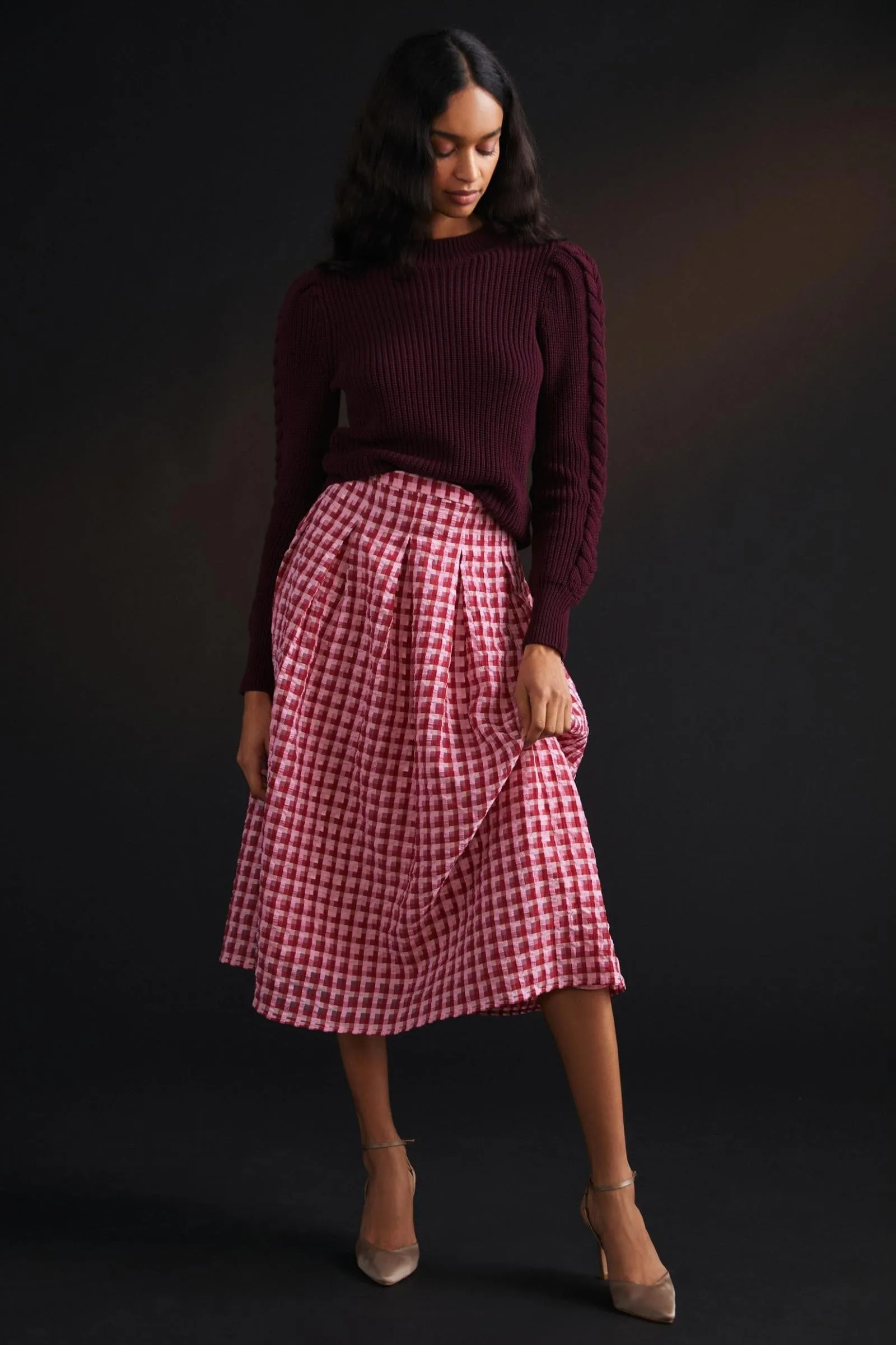 Year Round Style Textured Plaid Midi Skirt