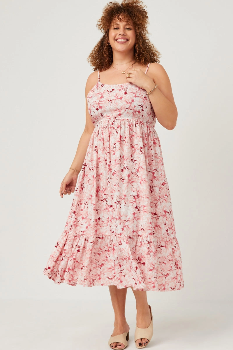 Button Chic Floral Back Smocked Tiered Tank Dress