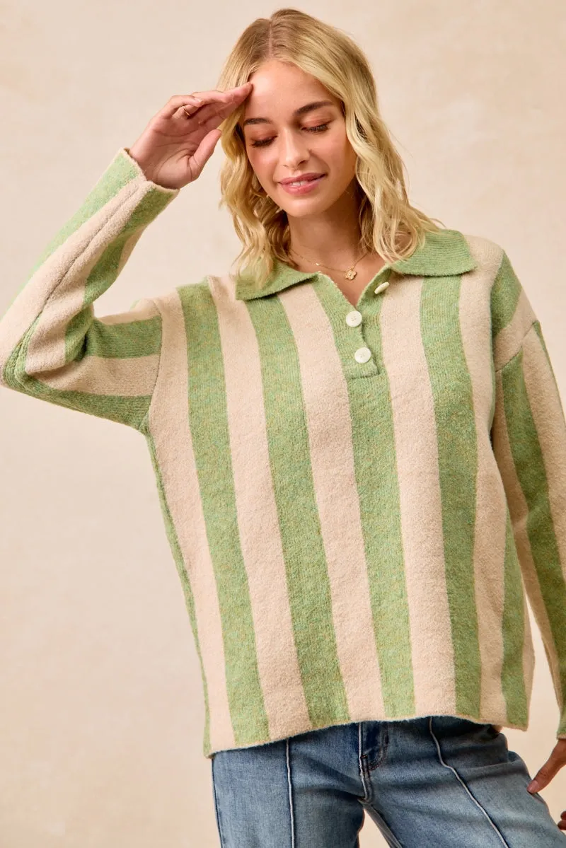Subtle Color Tone IT4451H-01 | STRIPED SWEATER TOP WITH FRONT BUTTONED