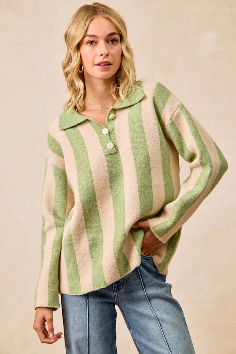 IT4451H-01 | STRIPED SWEATER TOP WITH FRONT BUTTONED Active Comfort Solid Color
