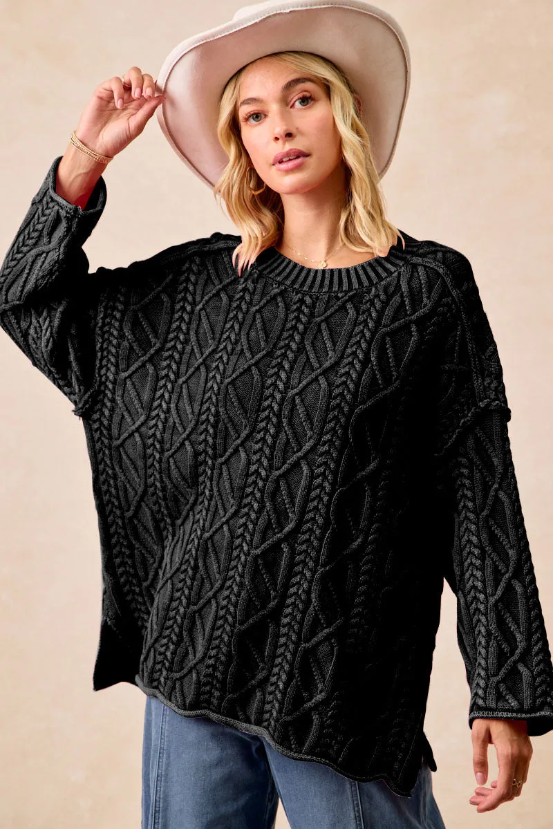 IT4613G-01 | CABLE KNIT WASHED SWEATER TOP Street Fashion Autumn Vibe